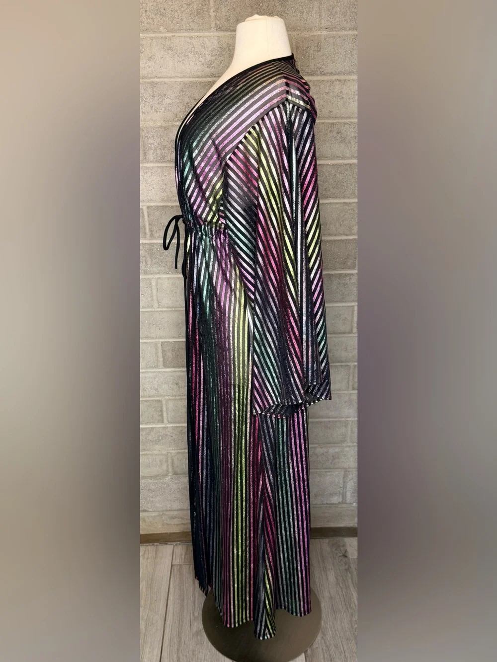 TAMO Design L Metallic Rainbow Stripe Sheer Maxi Duster Kimono Festival